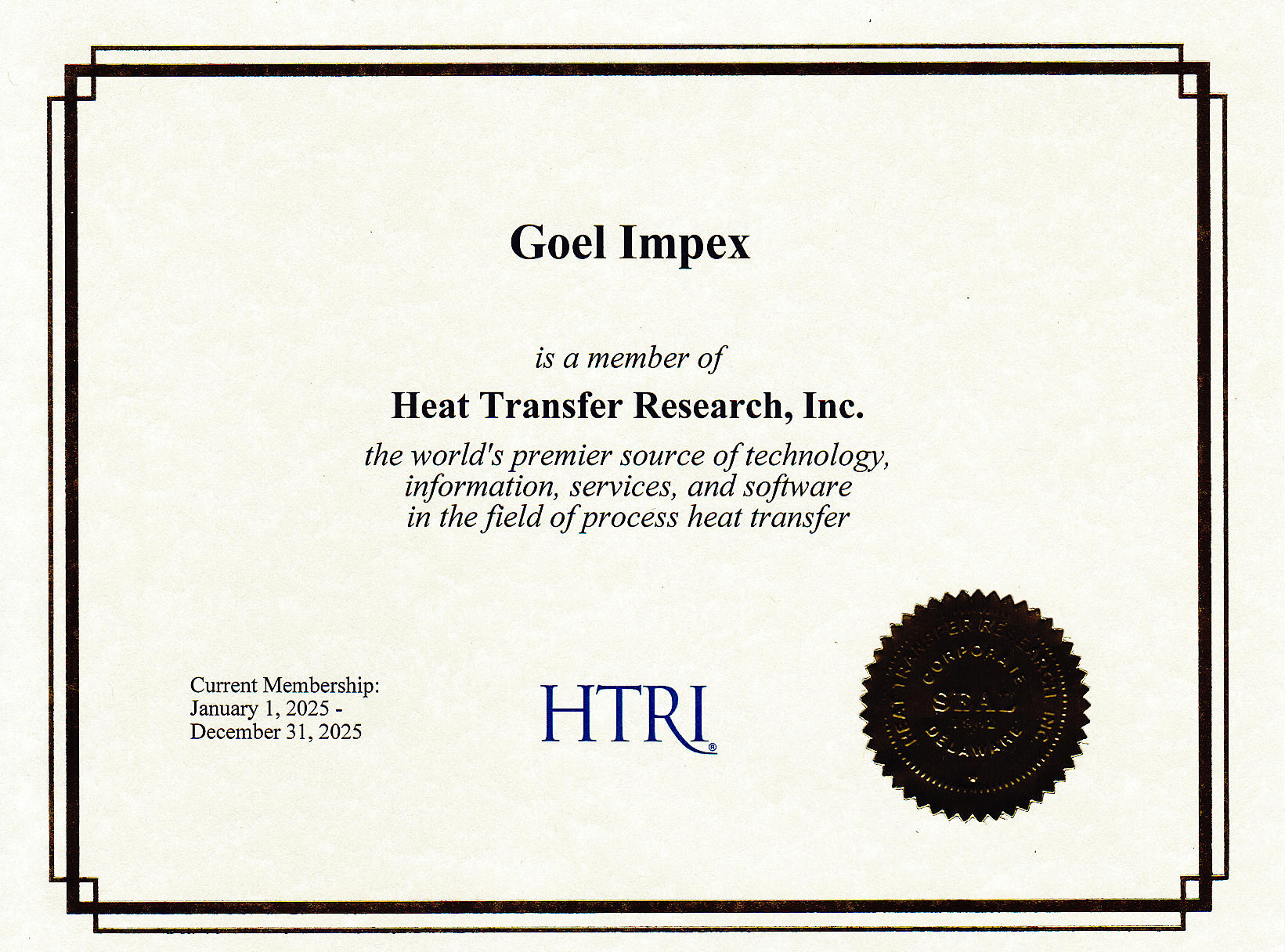 HTRI Membership Certificate